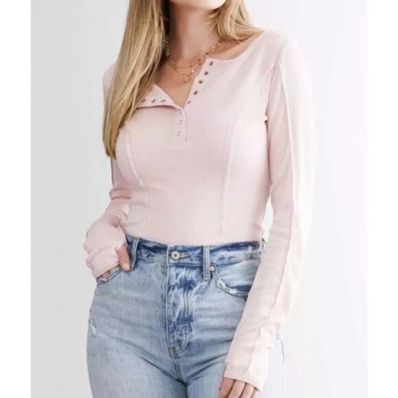 Free People Sloane Bodysuit Henley Knit Long Sleeve Pink Nectar X-Small NEW - Picture 2 of 10